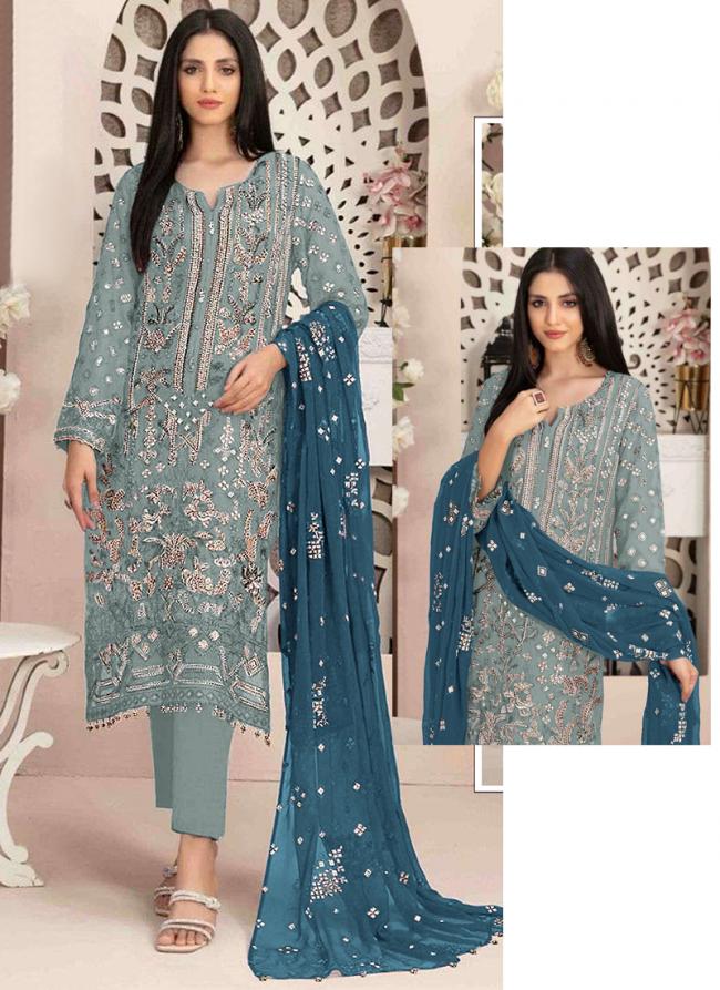 Georgette Aqua Blue Eid Wear Embroidery Work Pakistani Suit